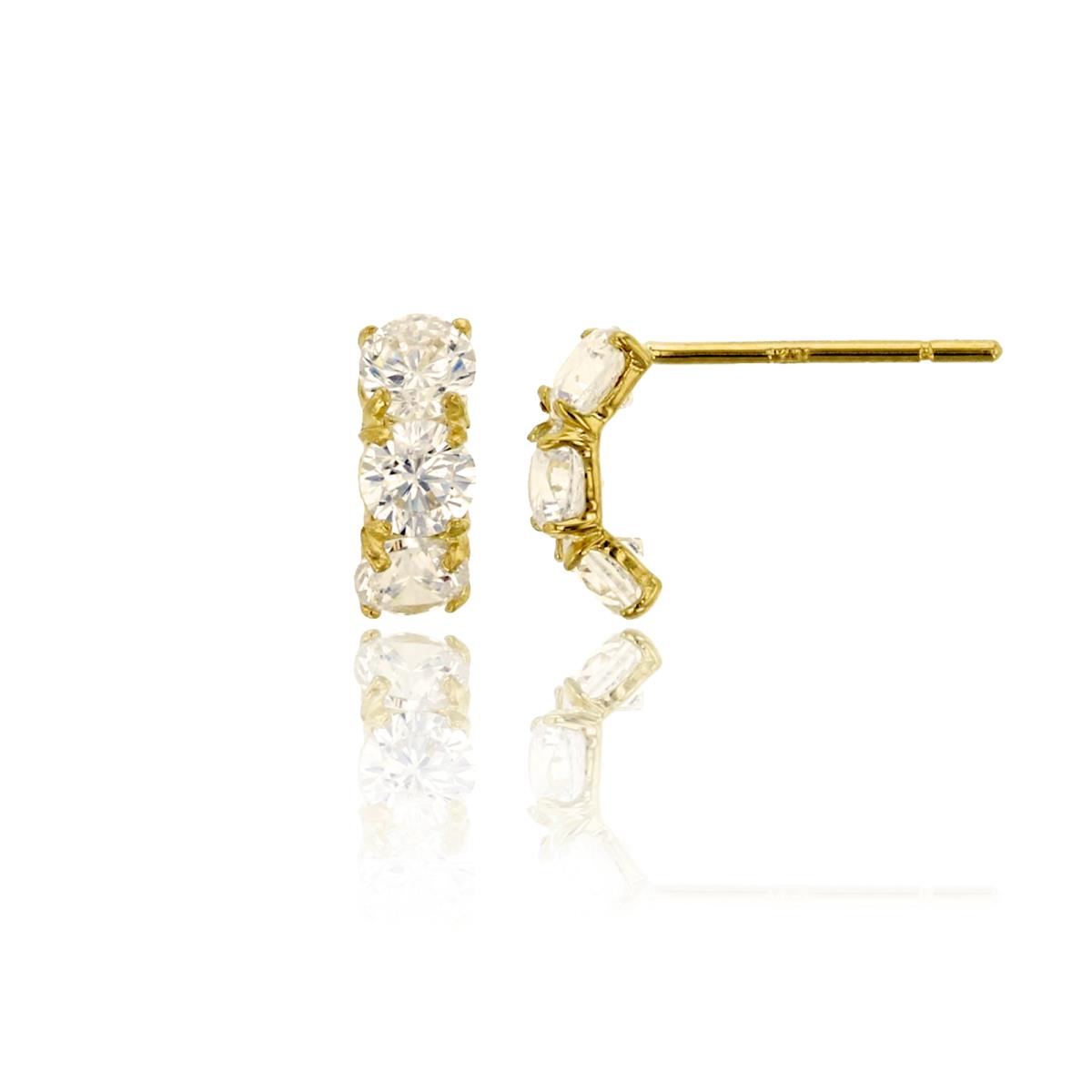 14K Yellow Gold 3mm Rd White Swarovski Zirconia Prong 3-Stone Curved Stud Earring