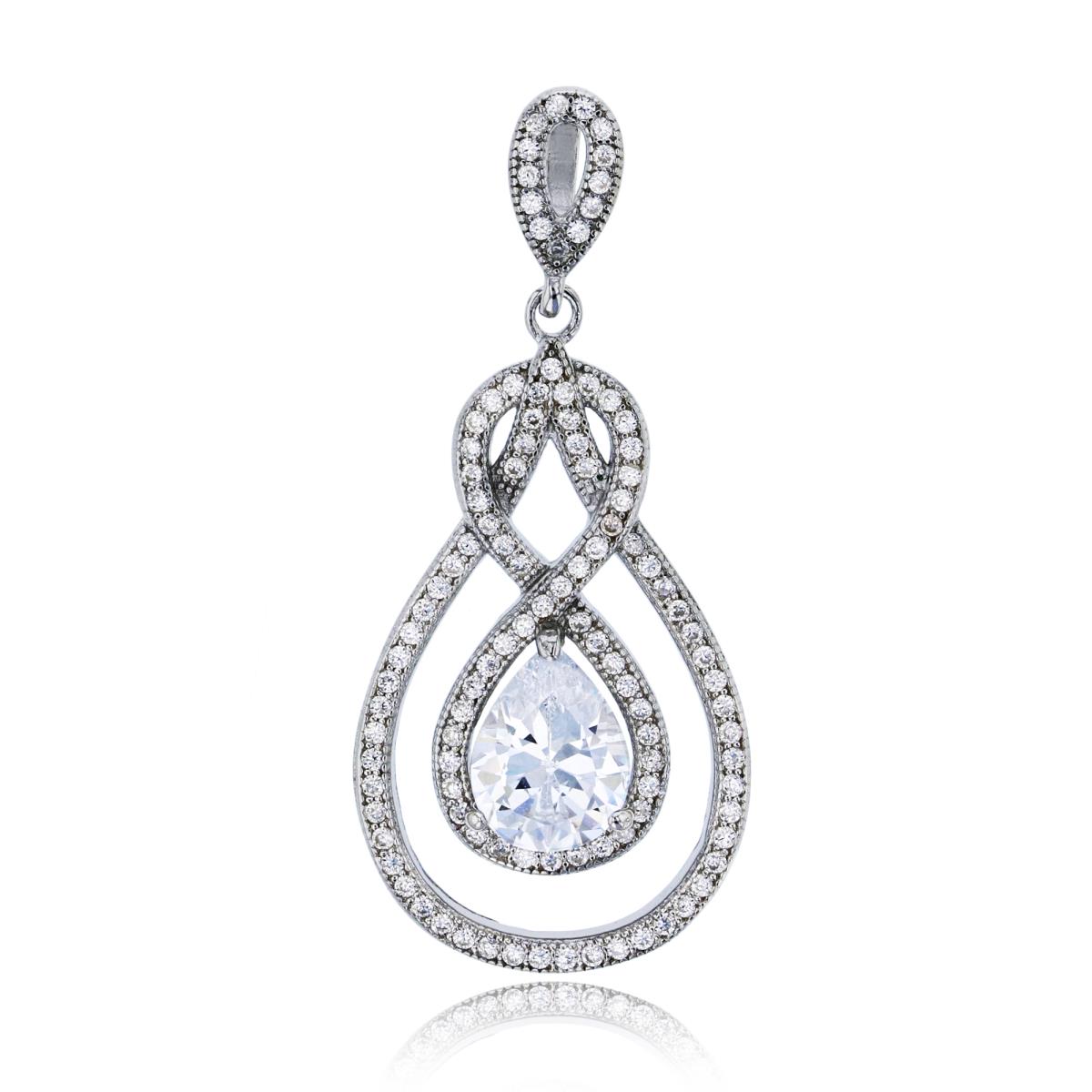 Sterling Silver Rhodium 9x6mm Pear Cut Micropave Infinity Dangling Pendant