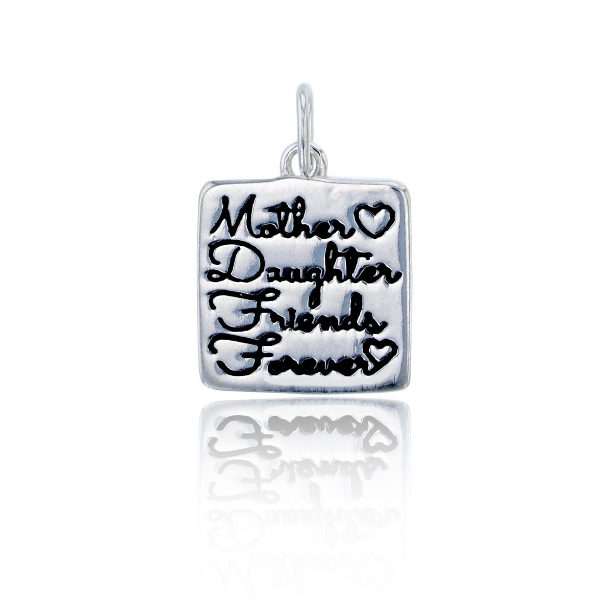 Sterling Silver Rhodium Black 18x12mm  Enamel Engraved "Mother Daughter Friends Forever" Square Pendant