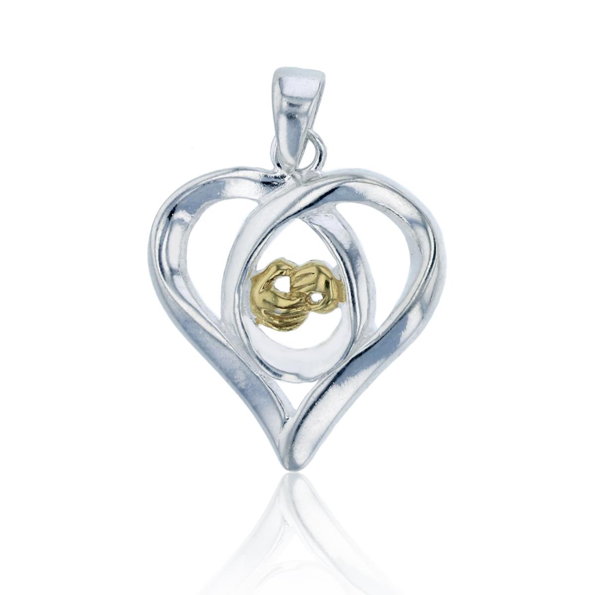 Sterling Silver Yellow & Rhodium Heart with Mom & Baby Holding Hands Pendant