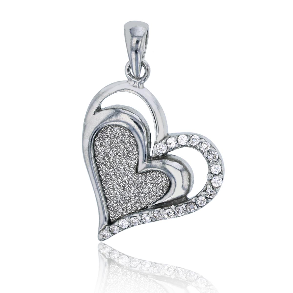 Sterling Silver Rhodium 27x17mm Polished & Glitter Heart Pendant