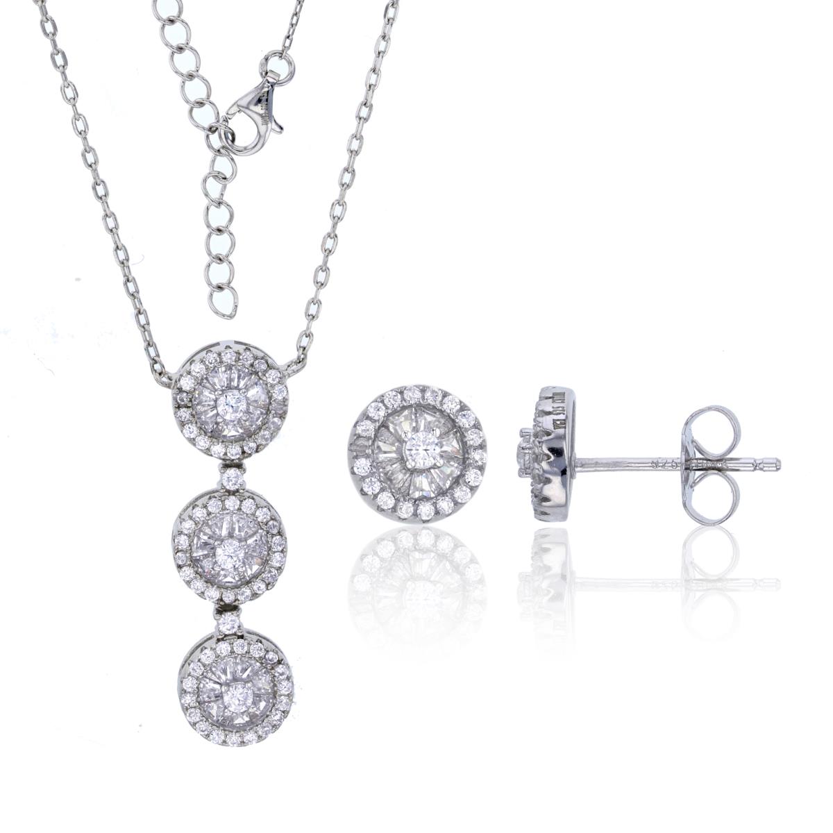 Sterling Silver Rhodium Pave Rd & Baguette CZ Circles 16"+2" Necklace & Earring Set