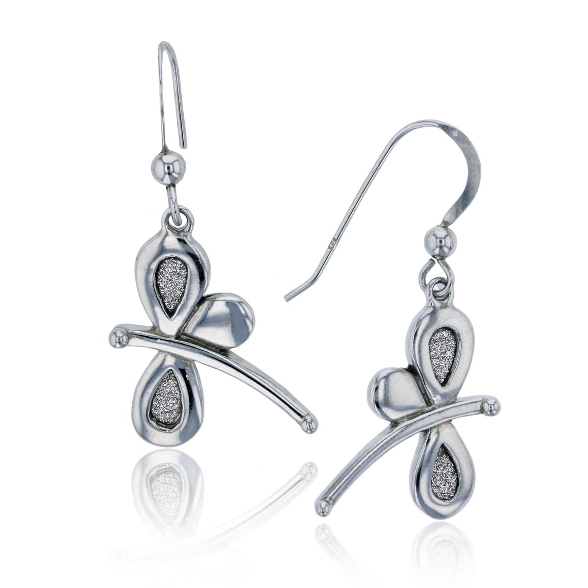 Sterling Silver Rhodium 38x18mm Polished & Glitter Dragonfly Dangling Earring