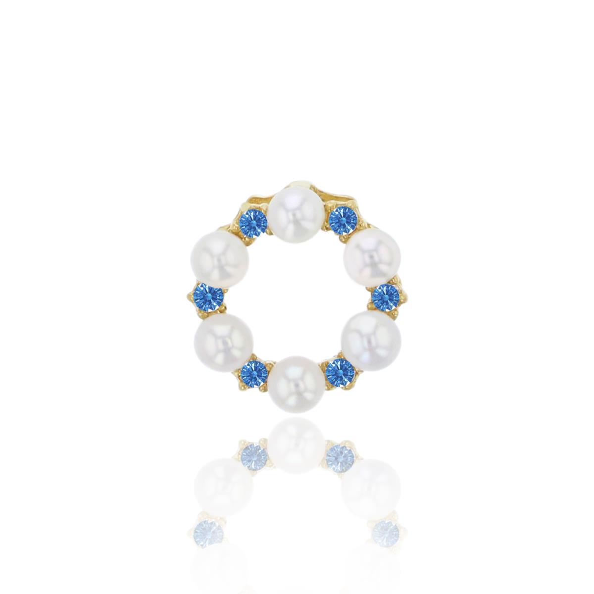 14K Yellow Gold 2mm 6-Stone Fresh Water Pearl & Fancy Blue Swarovski Zirconia Open Circle Pendant