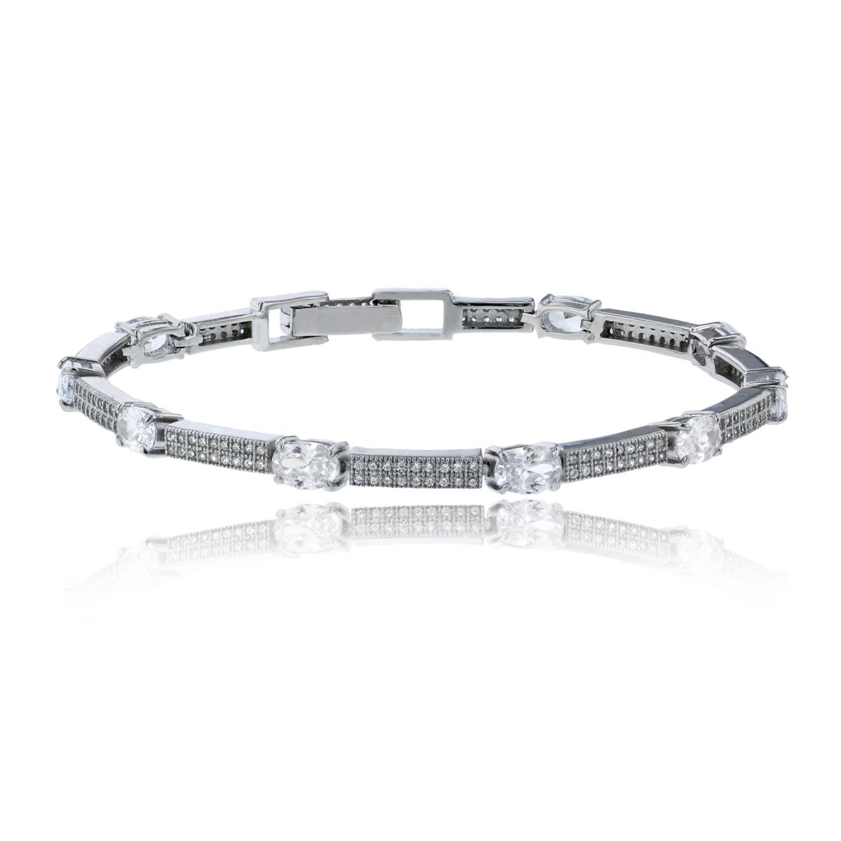 Sterling Silver Rhodium 2-Row Micropave & 6x4mm Oval Cut CZ Station 7" Bracelet