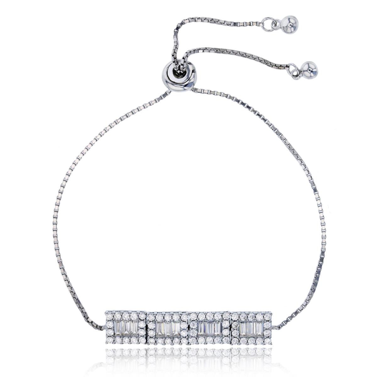 Sterling Silver Rhodium Pave Rd & Baguette CZ Rectangulars Adjustable Bracelet