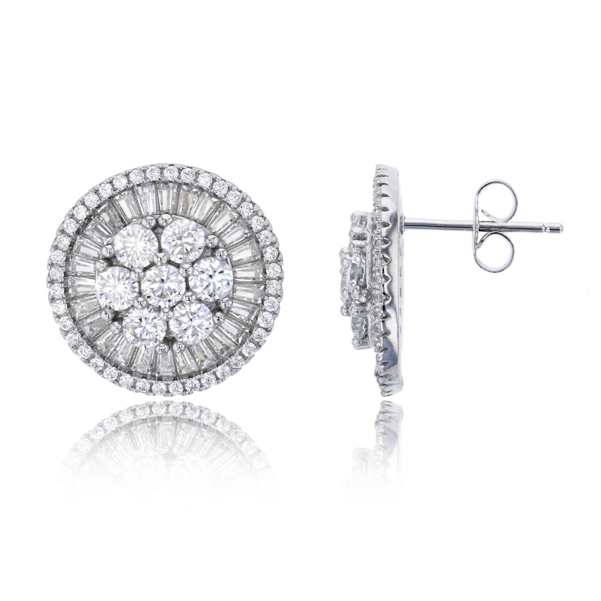 Sterling Silver Rhodium 17x17mm Rd & Baguette CZ Circle Stud Earring