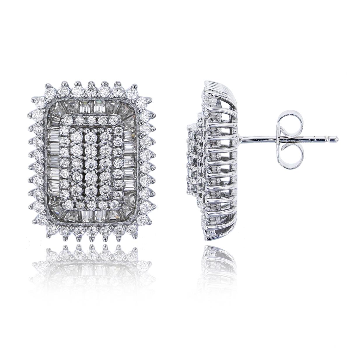 Sterling Silver Rhodium 18x14mm Pave Rd & Baguette CZ Rectangular Stud Earring