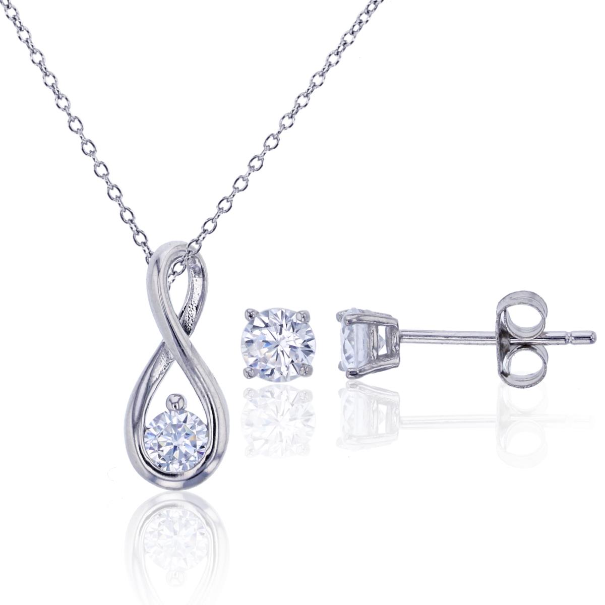 Sterling Silver Rhodium 4mm Rd Cut Petite Infinity 13"+2" Necklace & 4mm AAA Round Solitaire Stud Earring Set