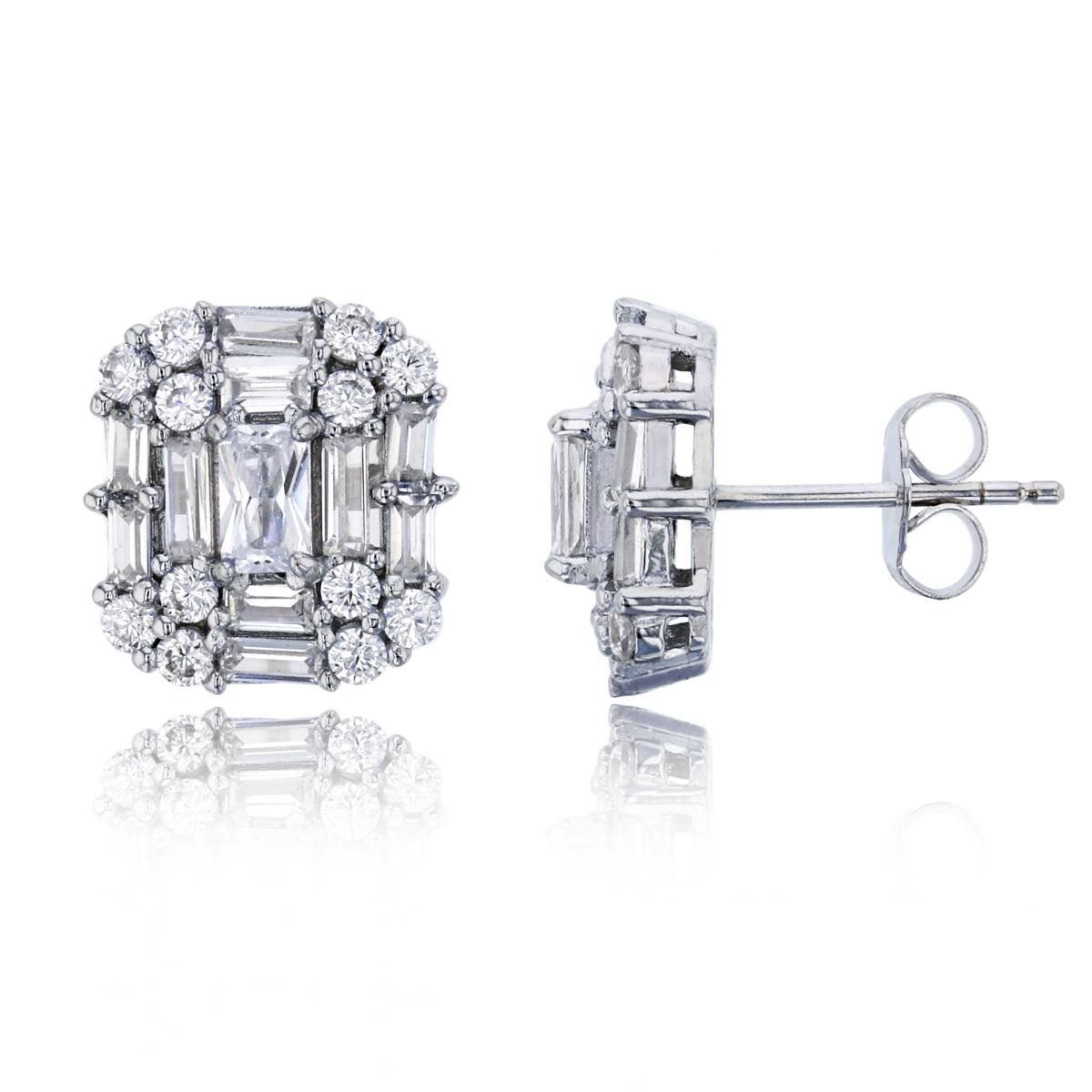 Sterling Silver Rhodium 5x3mm Emerald Cut with Rd & Baguette CZ Double Halo Stud Earring
