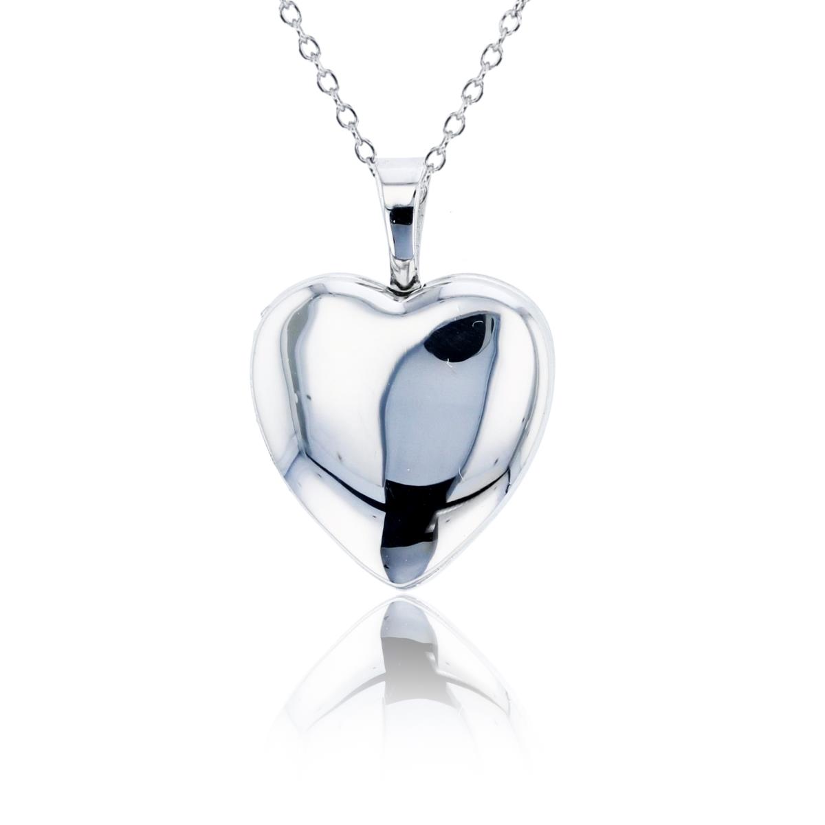 Sterling Silver Rhodium High Polished/Satin Heart Locket 13+2" Diamond Cut Cable Chain Necklace
