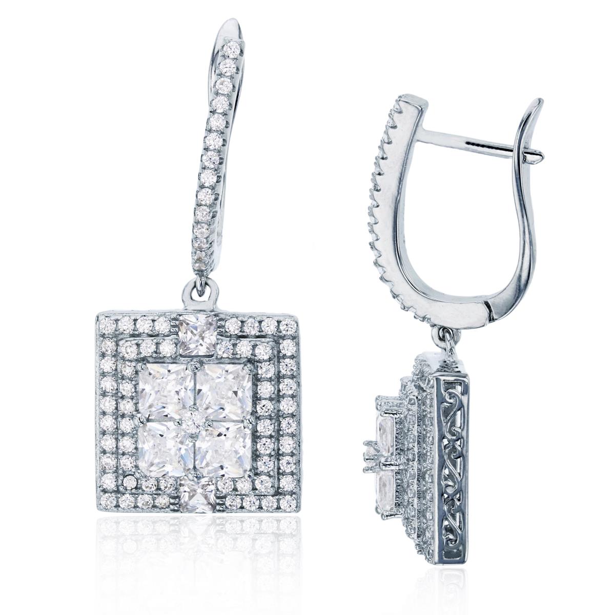 Sterling Silver Rhodium Pave Princess & Rd CZ Double Square Halo Dangling Earring