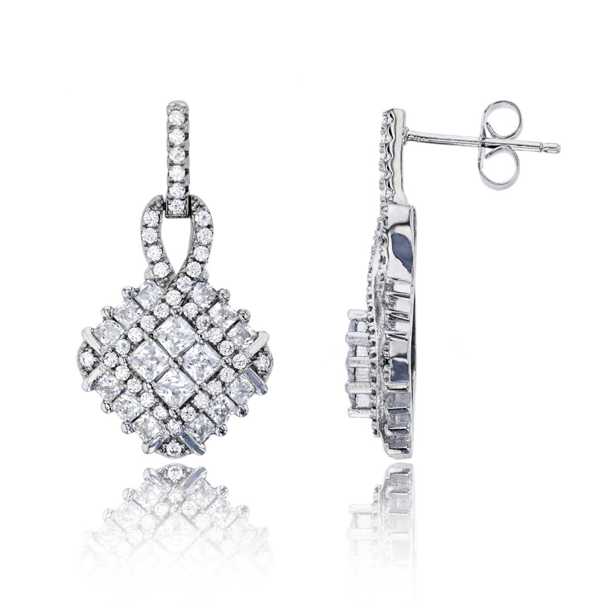 Sterling Silver Rhodium Pave Princess & Rd CZ Square 27x15mm Dangling Earring