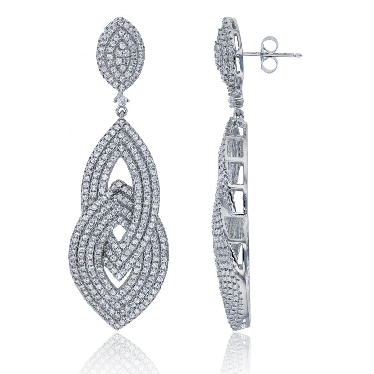 Sterling Silver Rhodium Micropave Interlocking Marquise Shape Dangling Earring