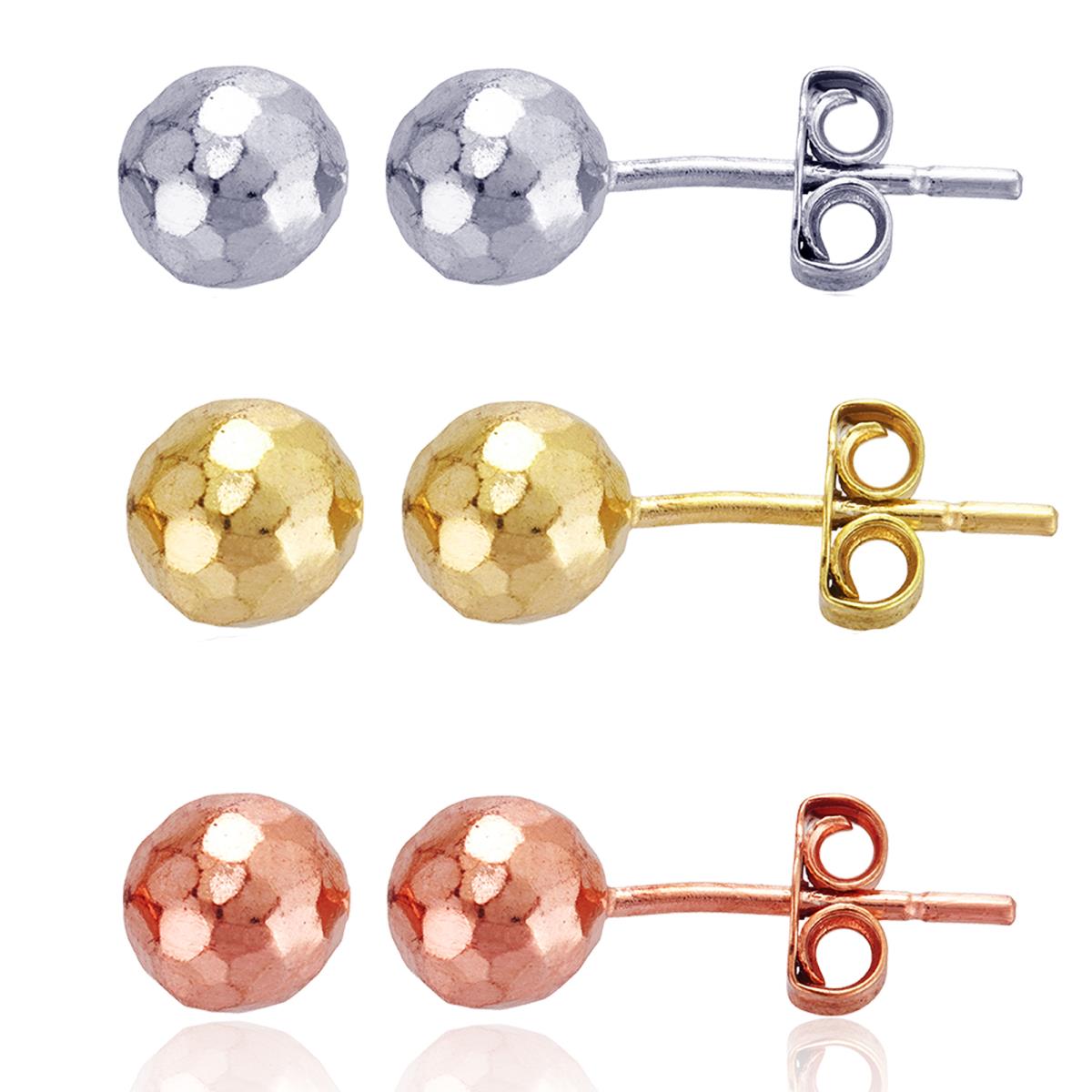 Sterling Silver Tricolor 8mm Disco Ball Stud Earrings Set