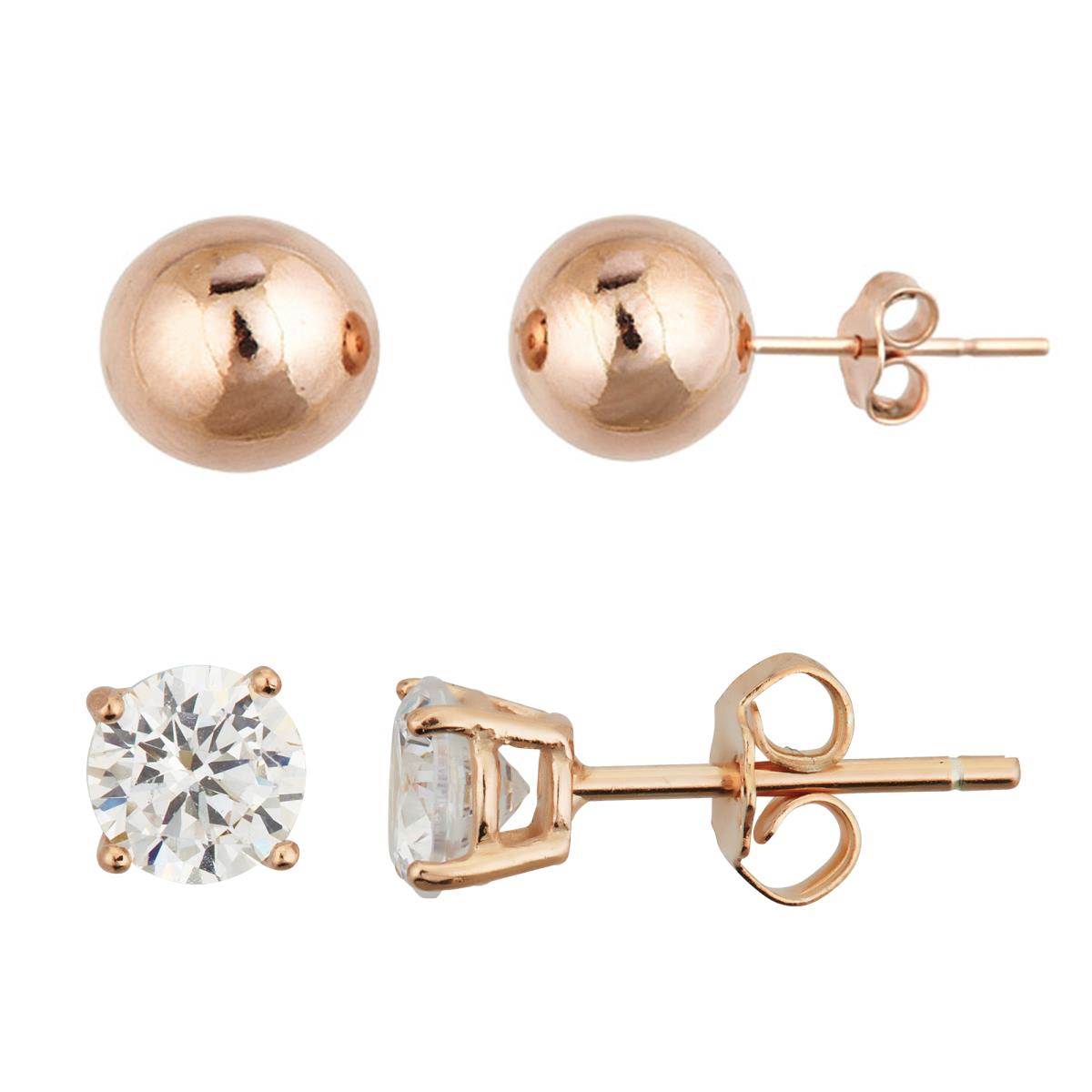 Sterling Silver Rose 8mm High Polish Ball & Round Solitaire Stud Earring Set