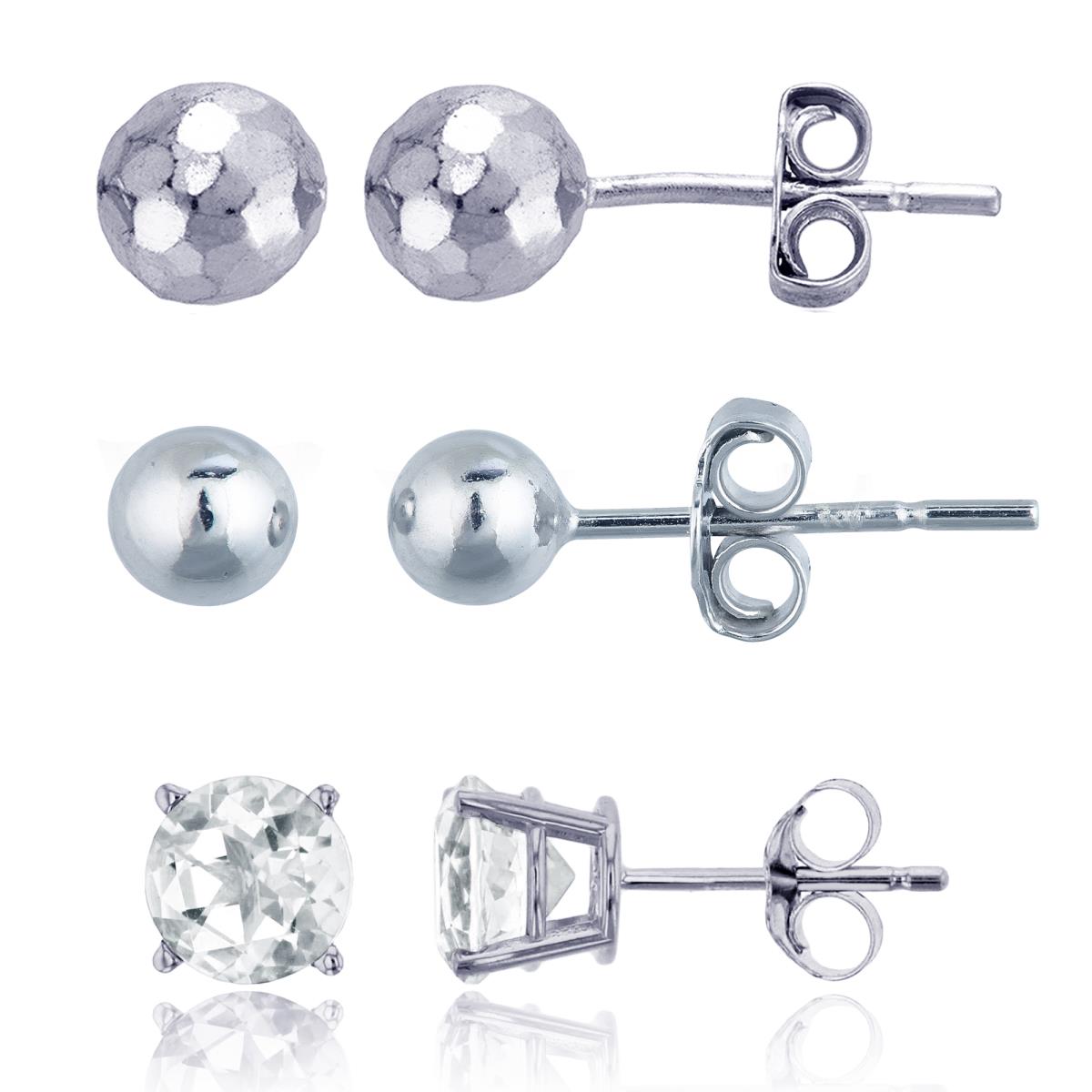Sterling Silver Rhodium 6mm High Polish, Disco Ball & Round Solitaire Stud Earrings Set