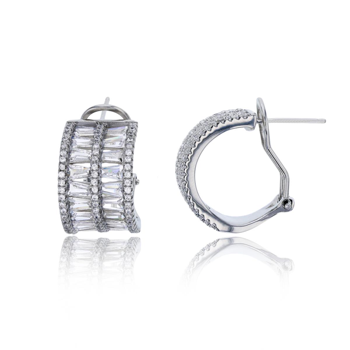 Sterling Silver Rhodium Pave 2-Row Baguette & Rd CZ Omega-Back Hoop Earring
