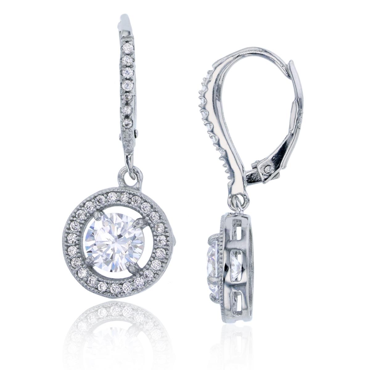 Sterling Silver Rhodium 6mm Halo Leverback Dangling Earring