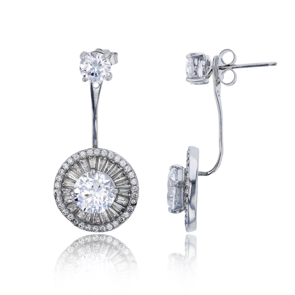 Sterling Silver Rhodium 6mm Rd Solitaire with 8mm Rd & Baguette Halo Ear Jacket Dangling Earring