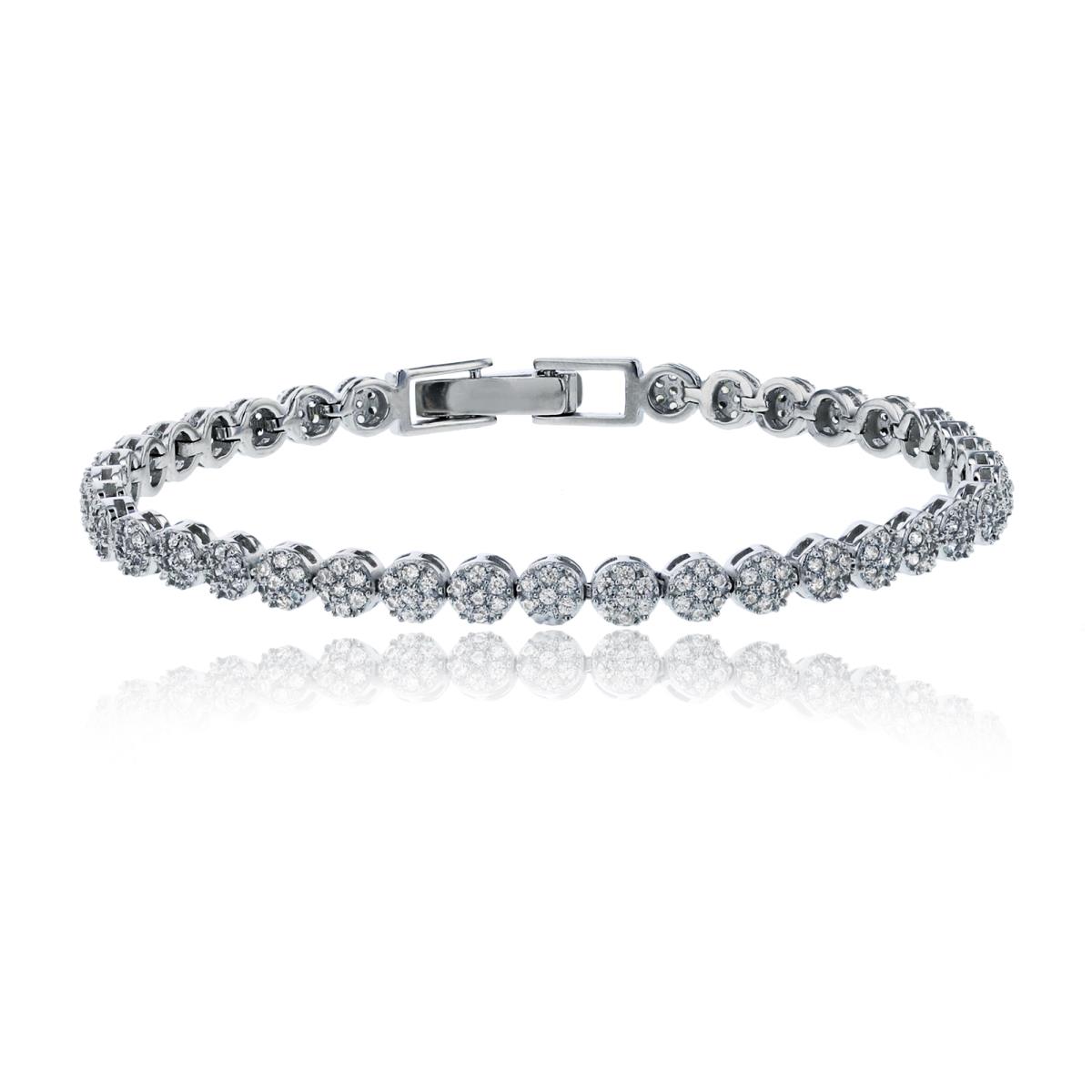 Sterling Silver Rhodium Micropave Circle Cluster 7" Fashion Bracelet