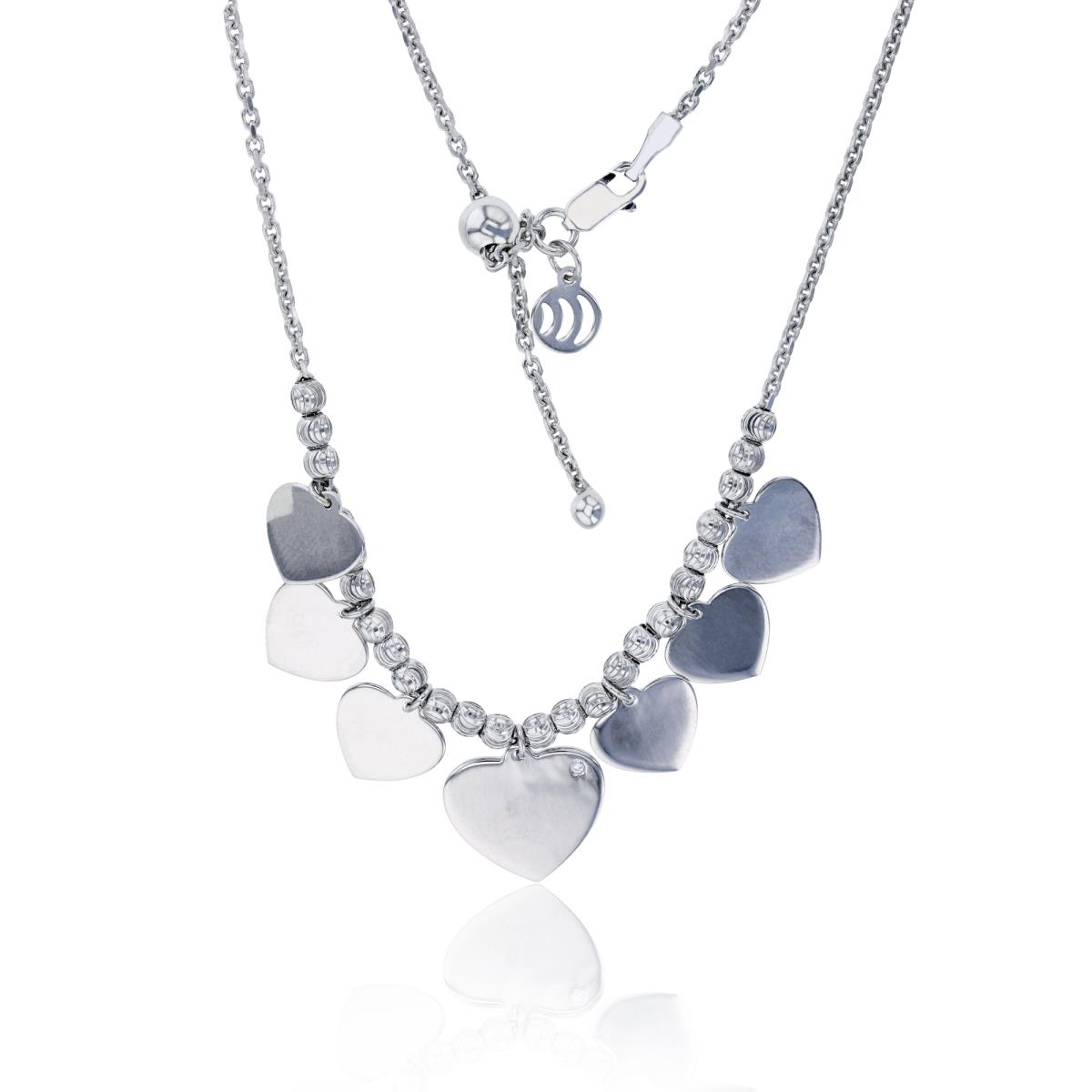 Sterling Silver Rhodium Polished Dangling Hearts with Moon Cut Bead 18" Adjustable Necklace