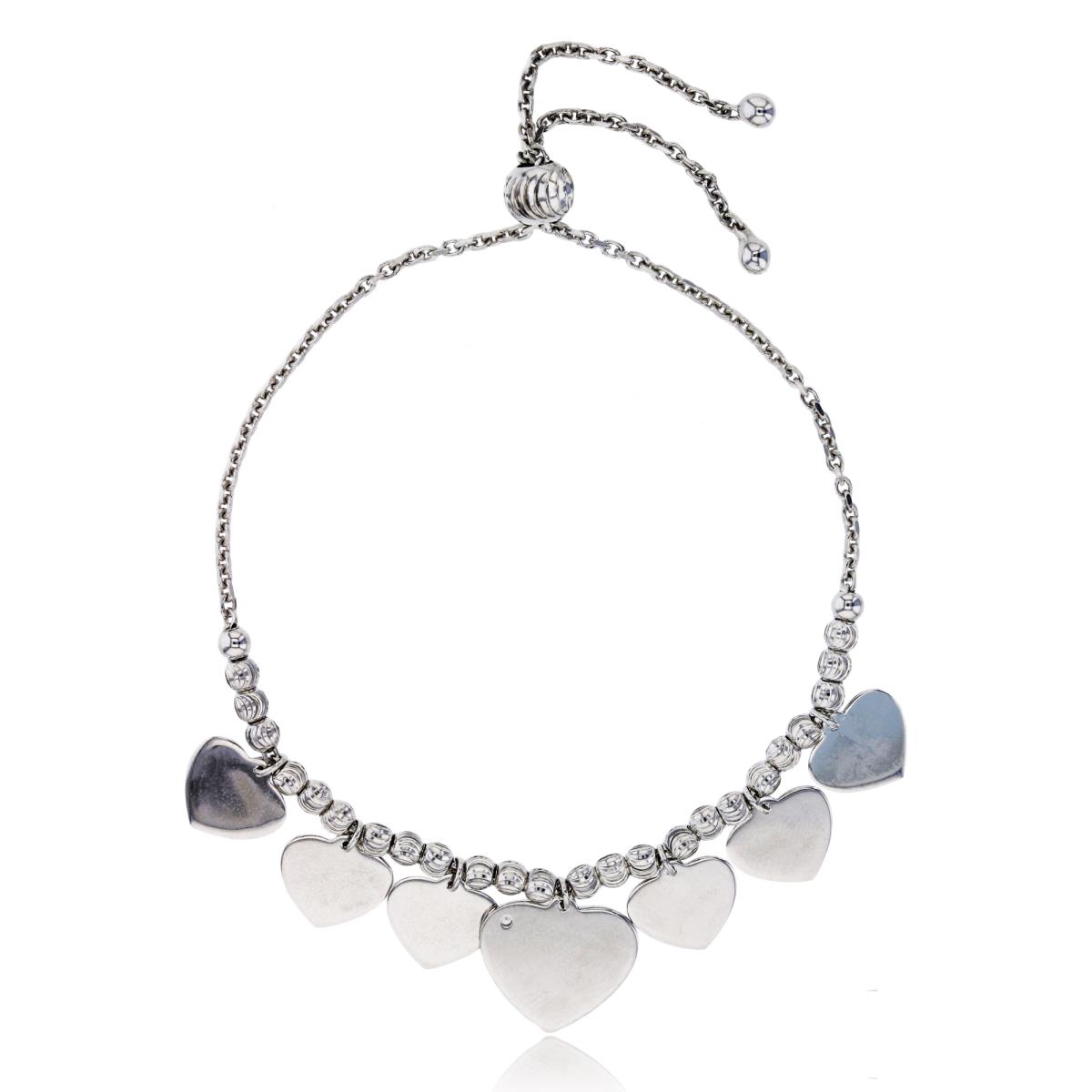 Sterling Silver Rhodium Polished Dangling Hearts with Moon Cut Bead Adjustable Bracelet