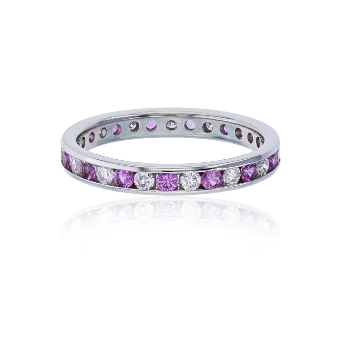 14K White Gold Diamond and Swarovsk Pastel Red Pink Sapph Alternating 30-Stone Rd Channel Eternity Band Ring