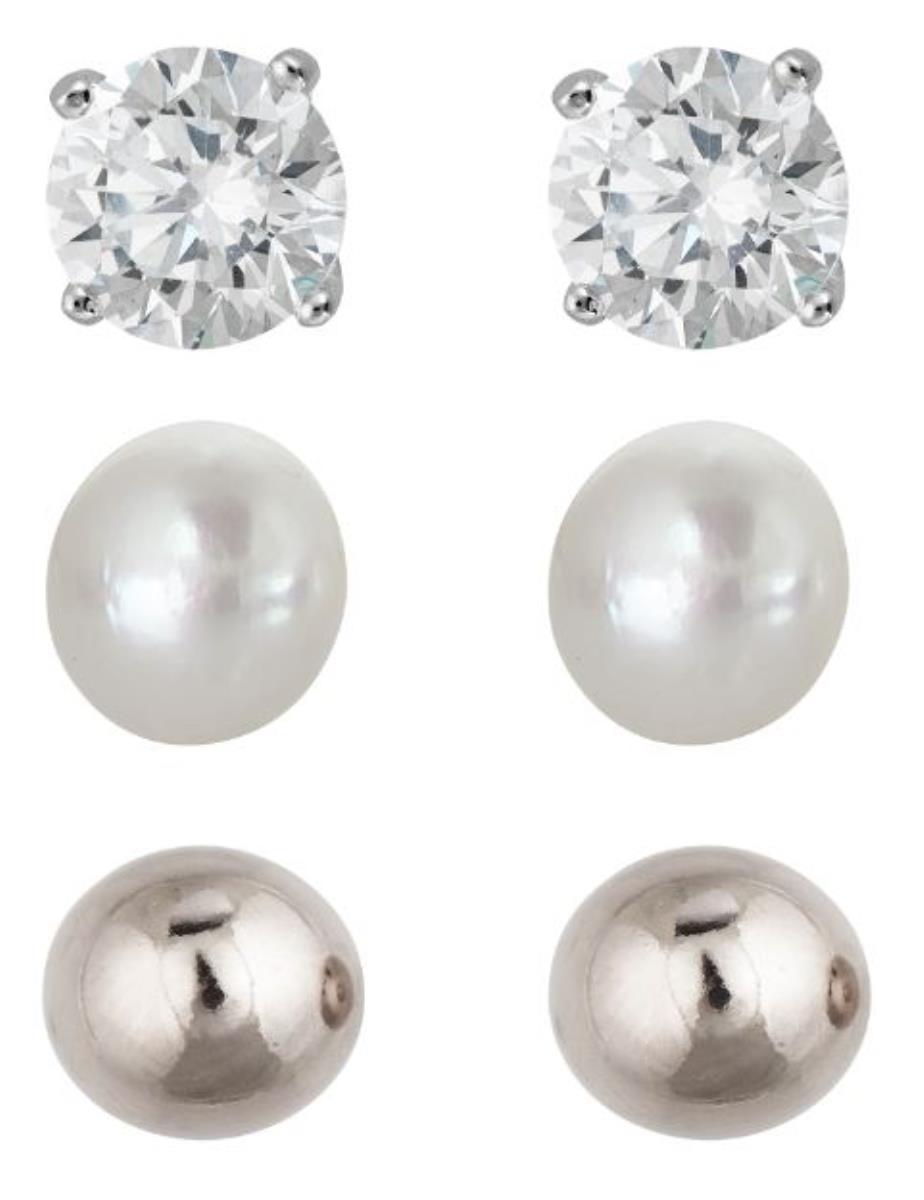Sterling Silver Rhodium 5mm Rd Solitaire, Pearl and Ball Stud Set