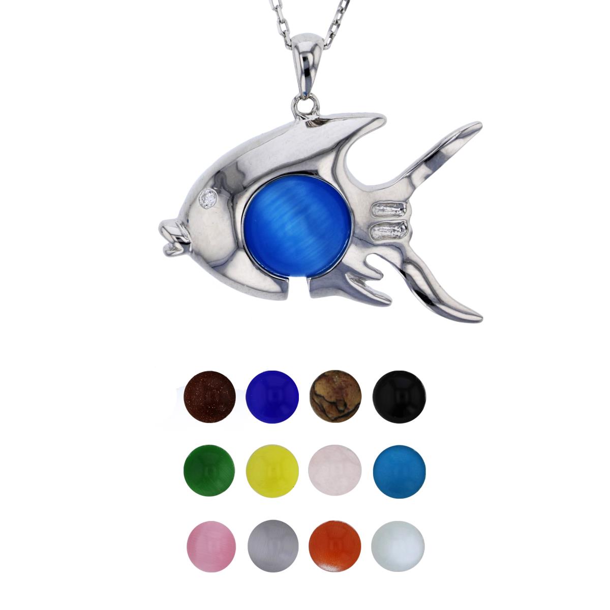 Sterling Silver Rhodium 12 Color Interchangeable Semi-Precious Gem Fish 13"+2" Necklace