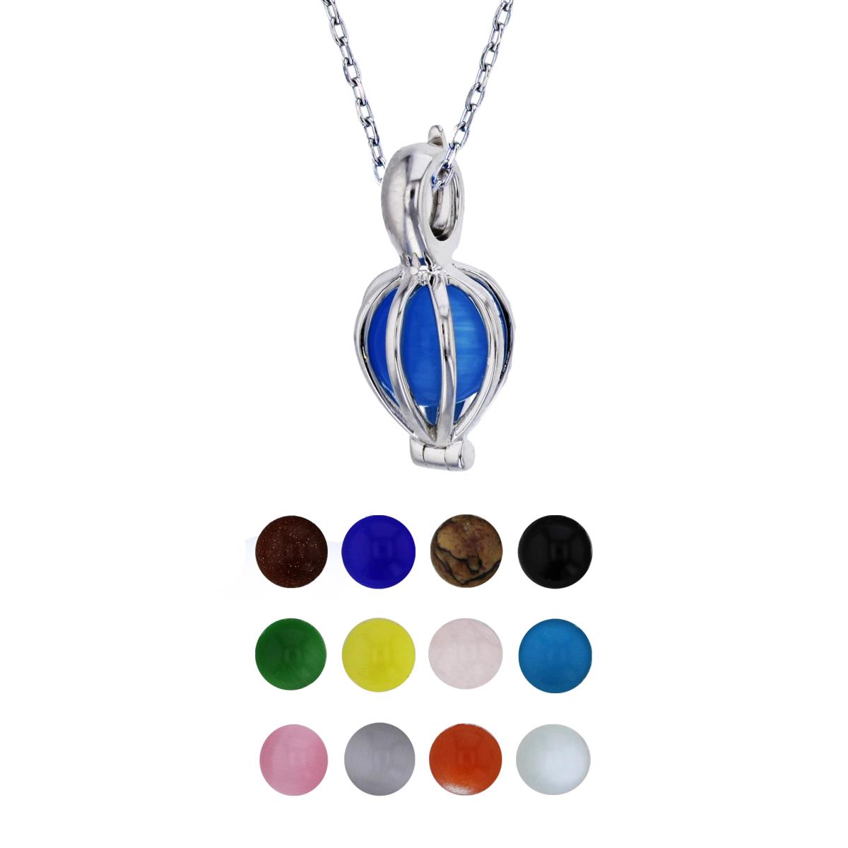 Sterling Silver Rhodium 12 Color Interchangeable Semi-Precious Gem Heart Shaped Cage 13"+2" Necklace