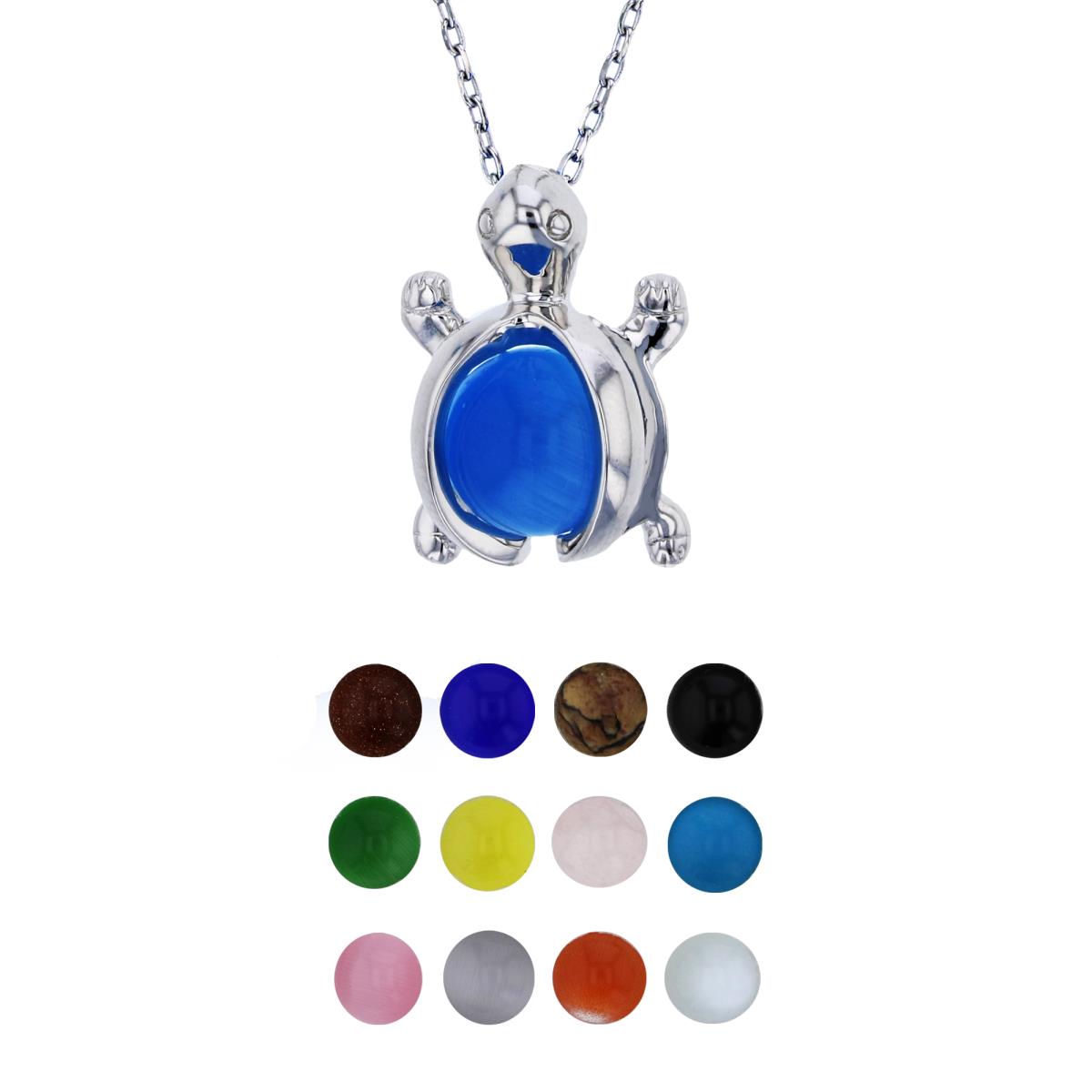 Sterling Silver Rhodium 12 Color Interchangeable Semi-Precious Gem Turtle 13"+2" Necklace