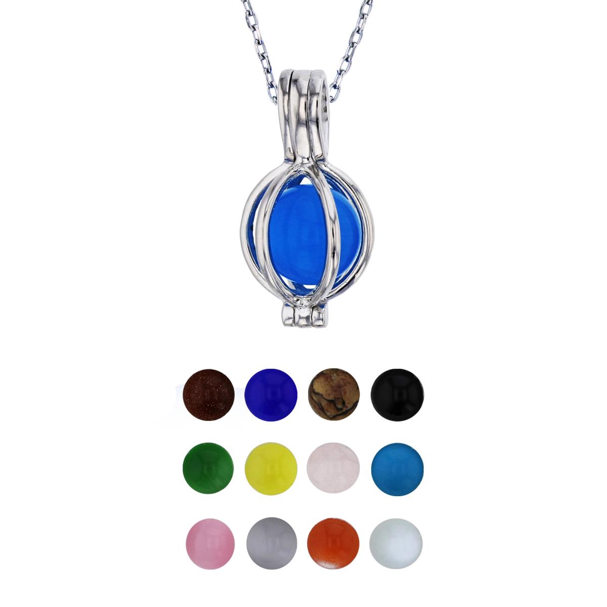 Sterling Silver Rhodium 12 Color Interchangeable Semi-Precious Gem Round Cage 13"+2" Necklace
