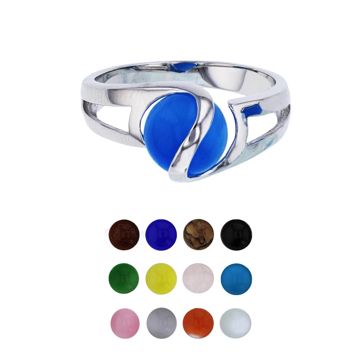Sterling Silver Rhodium 12 Color Interchangeable Semi-Precious Gem Magic Sphere Fashion Ring