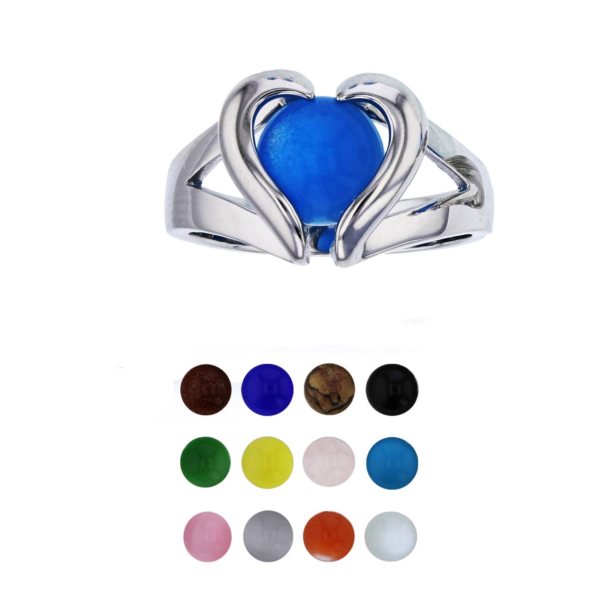 Sterling Silver Rhodium 12 Color Interchangeable Semi-Precious Gem Polished Heart Fashion Ring