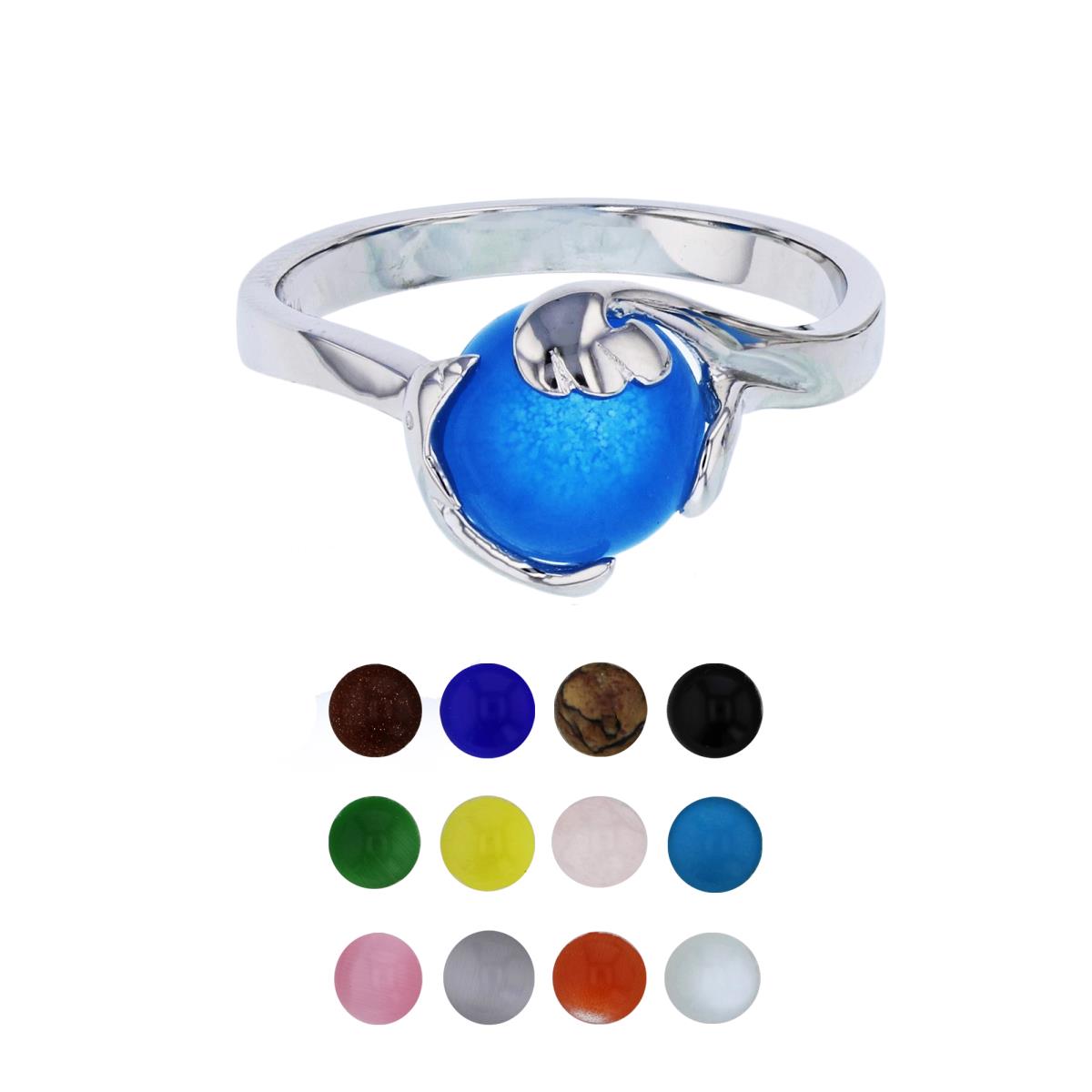 Sterling Silver Rhodium 12 Color Interchangeable Semi-Precious Gem Dolphin & Waves Fashion Ring