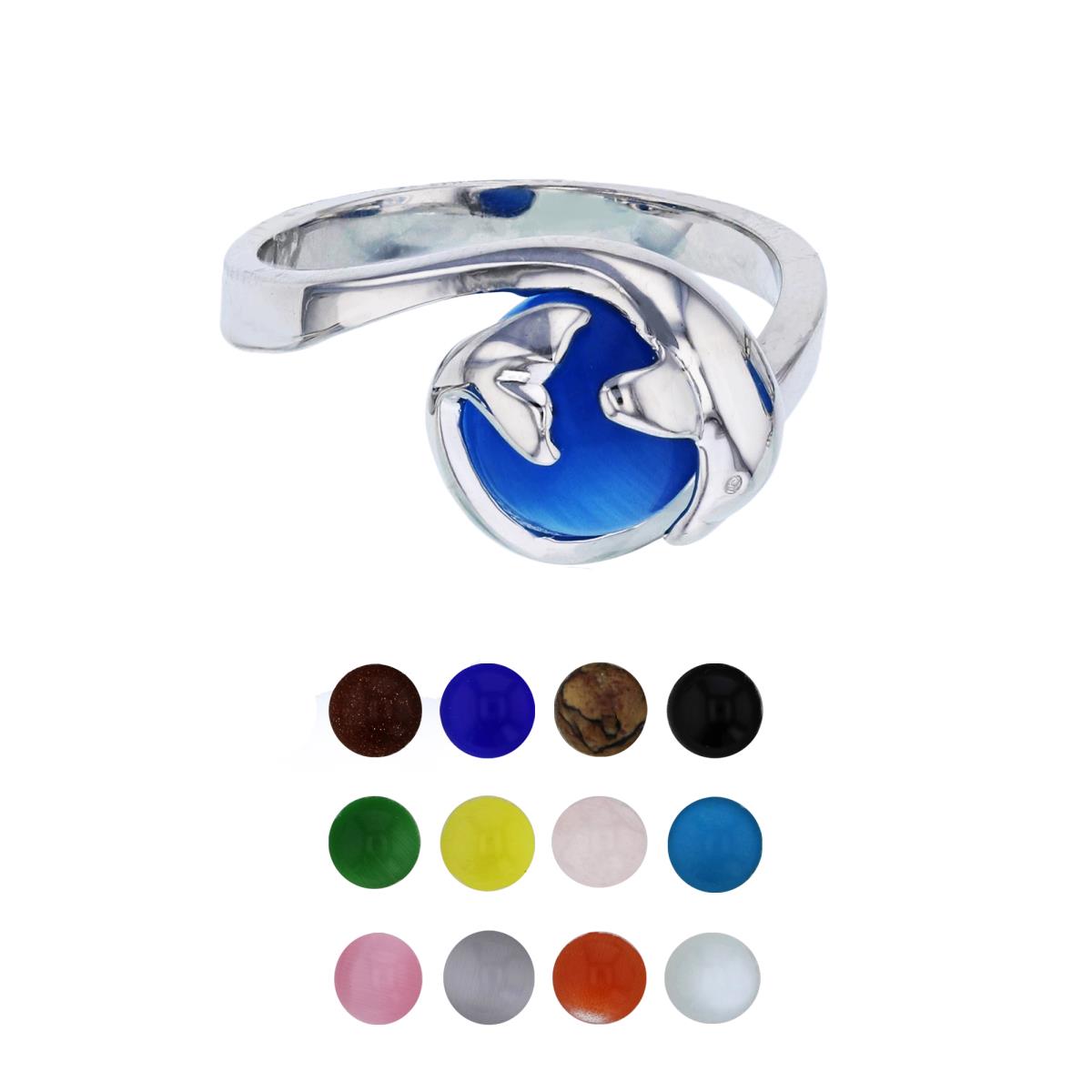Sterling Silver Rhodium 12 Color Interchangeable Semi-Precious Gem Dolphin Fashion Ring