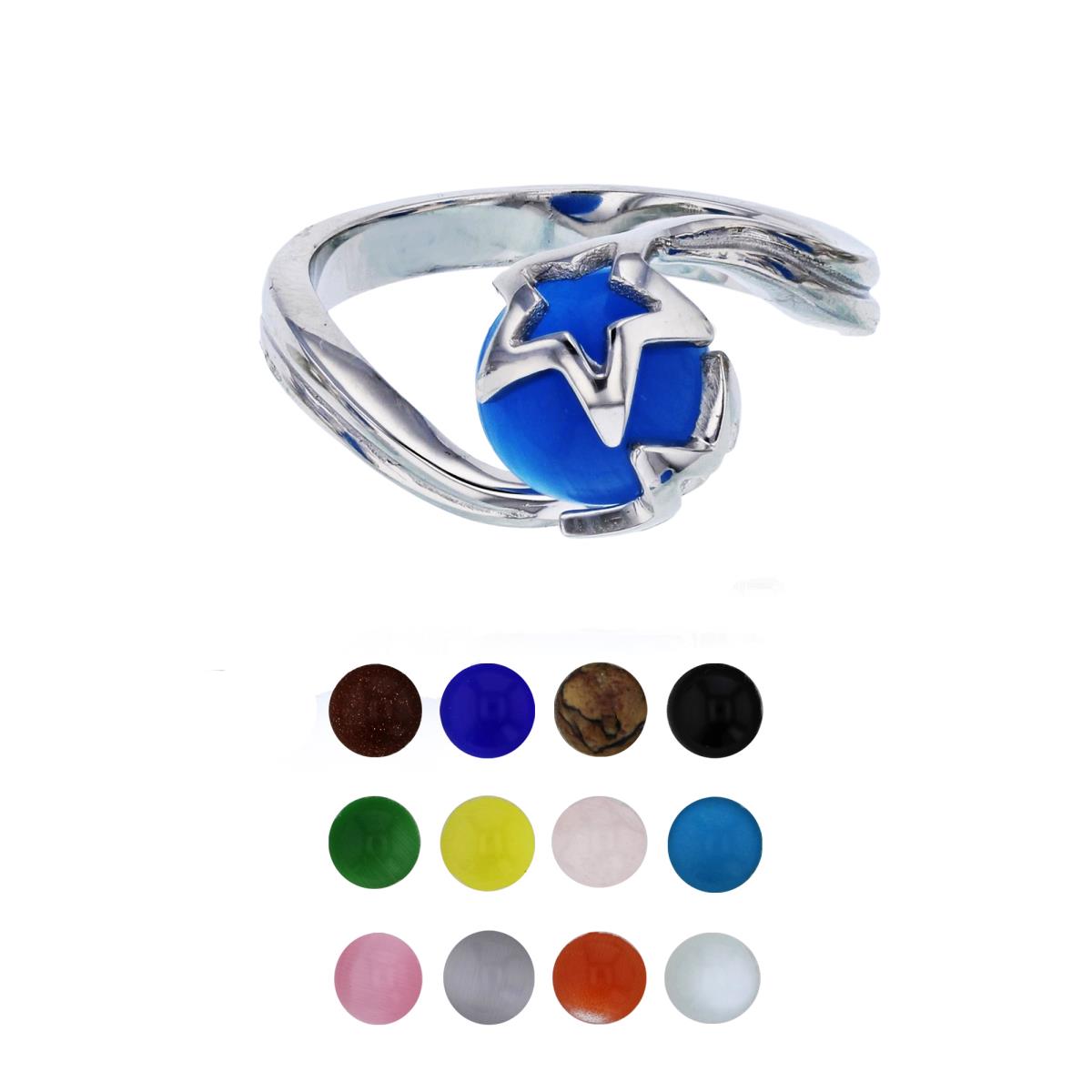 Sterling Silver Rhodium 12 Color Interchangeable Semi-Precious Gem Stars Fashion Ring