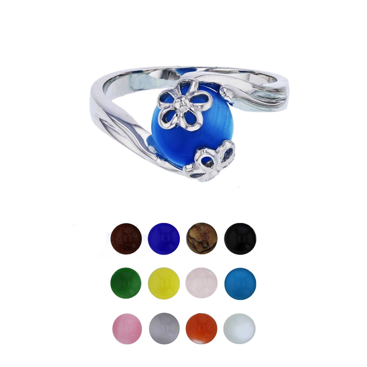 Sterling Silver Rhodium 12 Color Interchangeable Semi-Precious Gem Flower Sides Fashion Ring