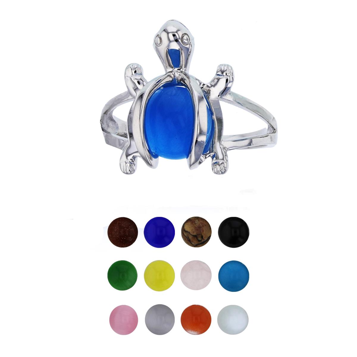 Sterling Silver Rhodium 12 Color Interchangeable Semi-Precious Gem Turtle Fashion Ring