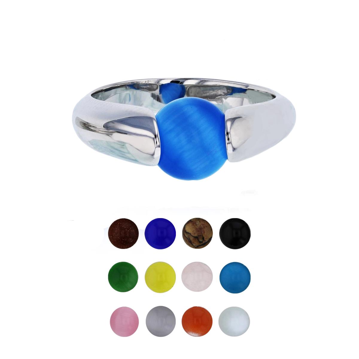Sterling Silver Rhodium 12 Color Interchangeable Semi-Precious Gem Polished Sides Fashion Ring