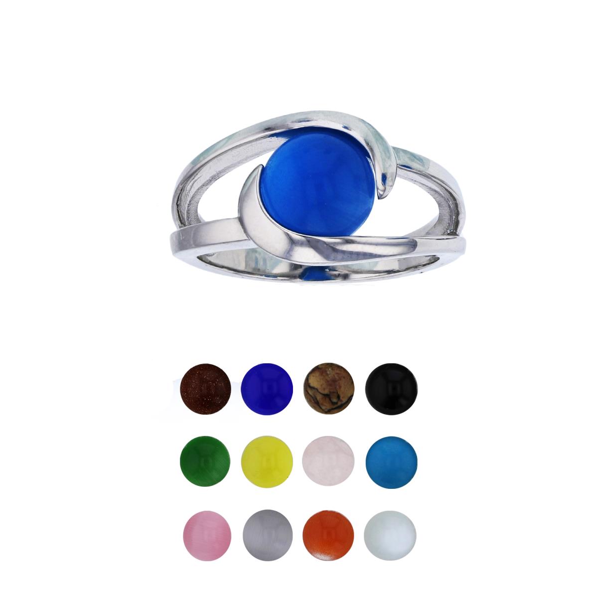 Sterling Silver Rhodium 12 Color Interchangeable Semi-Precious Gem Split Shank Swirl Fashion Ring