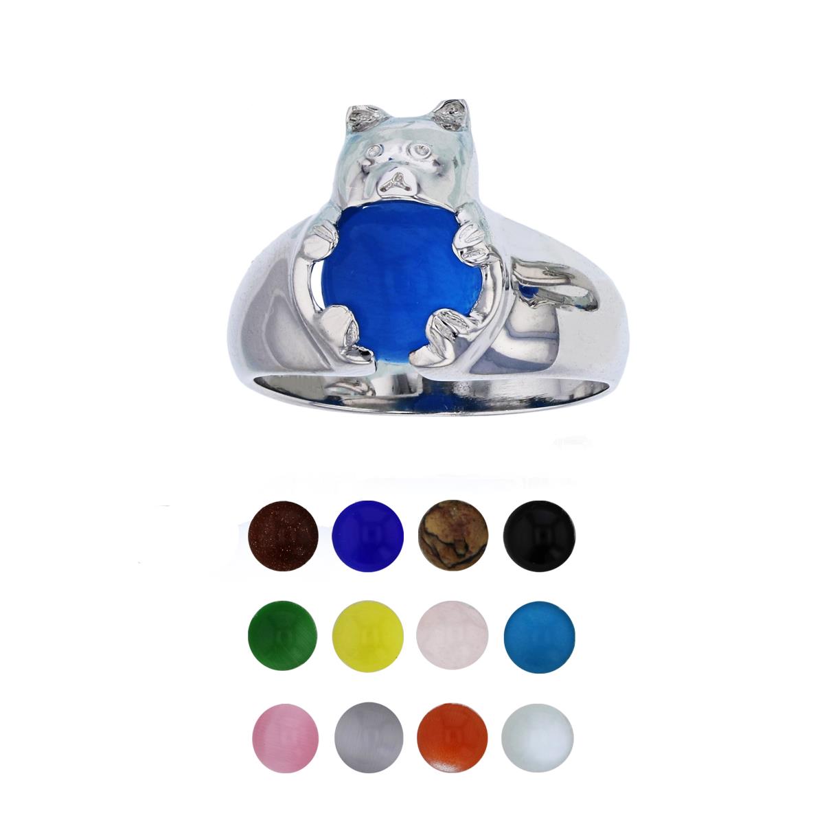 Sterling Silver Rhodium 12 Color Interchangeable Semi-Precious Gem Teddy Bear Fashion Ring