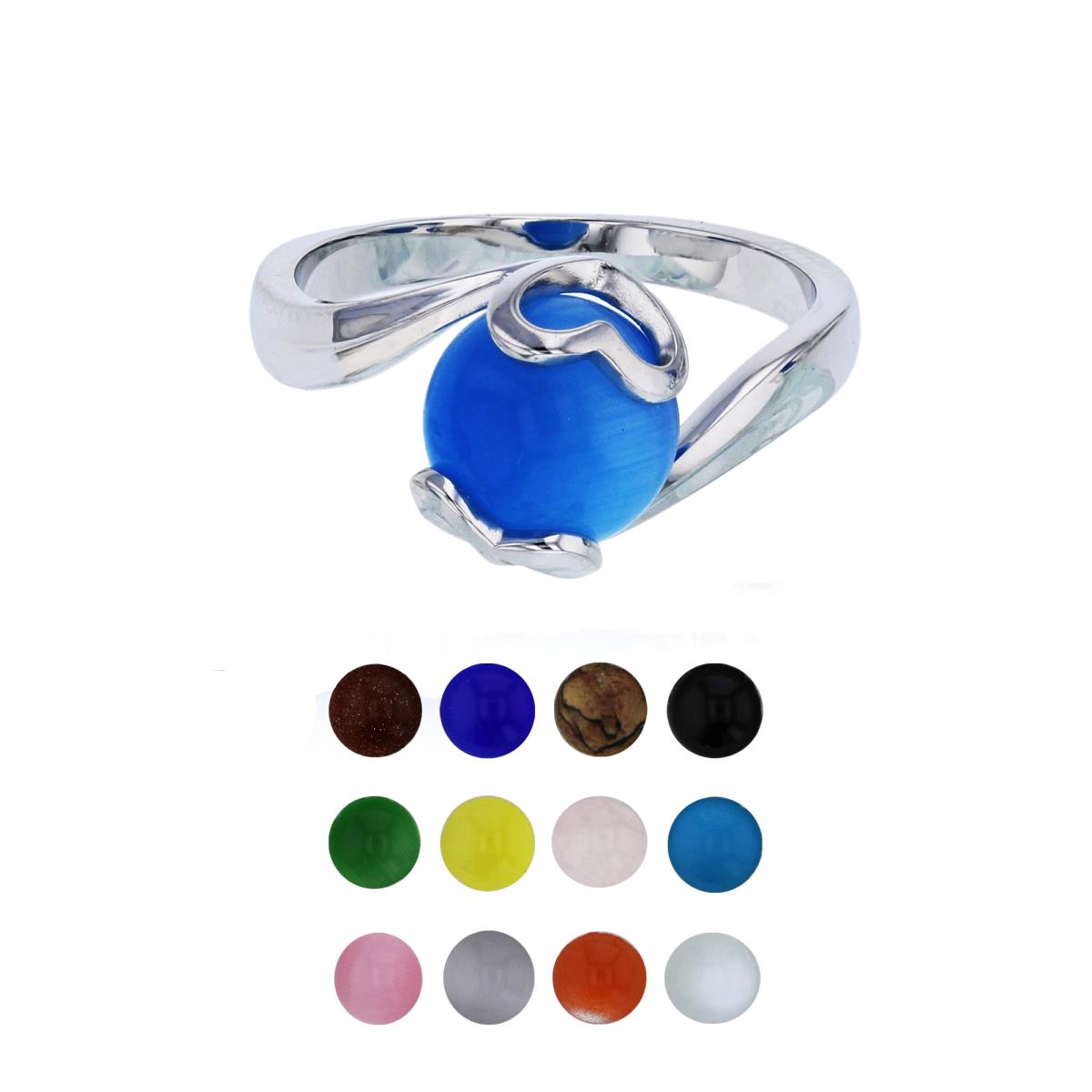 Sterling Silver Rhodium 12 Color Interchangeable Semi-Precious Gem Open Heart Sides Fashion Ring