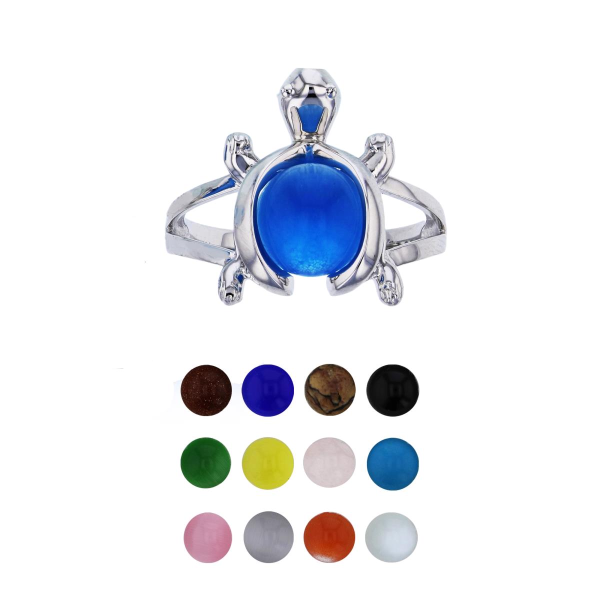 Sterling Silver Rhodium 12 Color Interchangeable Semi-Precious Gem Polished Tortoise Fashion Ring