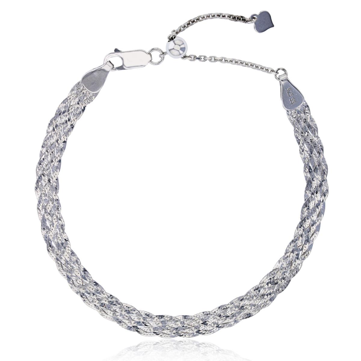 Sterling Silver Rhodium 6mm Wide Diamond Cut Weave 9" Adjustable Bracelet
