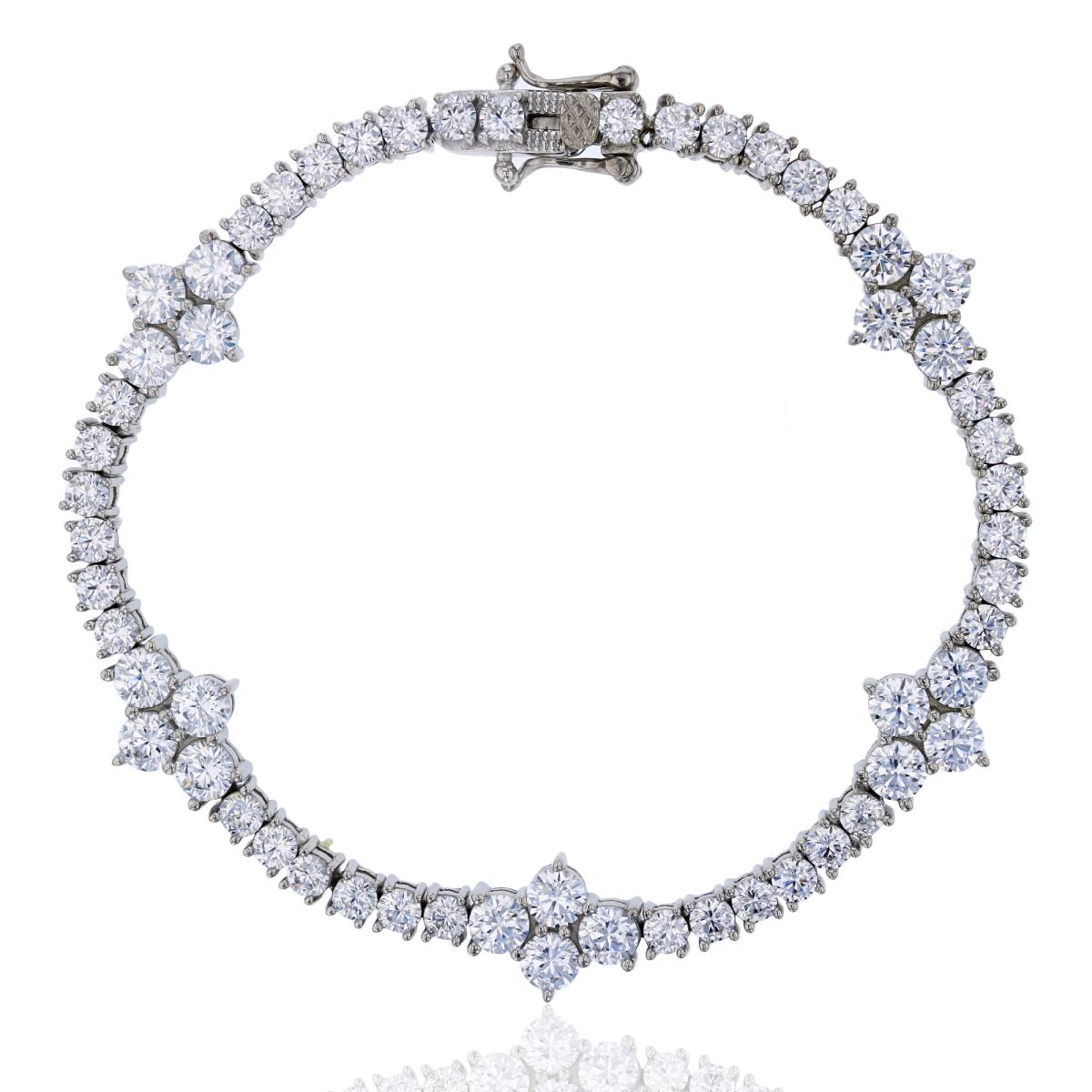 Sterling Silver Rhodium Pave Rd Cut CZ Clovers 7" Fashion Bracelet
