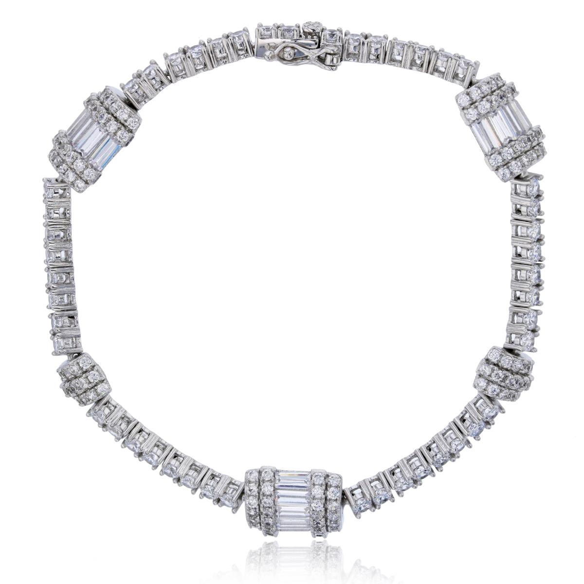 Sterling Silver Rhodium Micropave Rd & Baguette CZ Stations 7" Fashion Bracelet