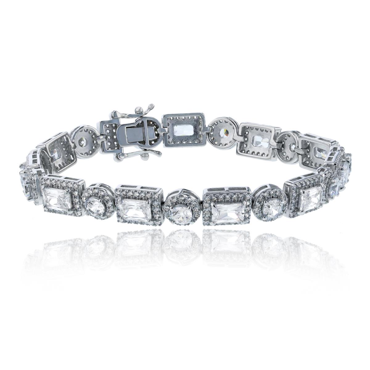 Sterling Silver Rhodium Alternating 6x4mm Emerald & 4mm Rd Cut 7" Halo Bracelet