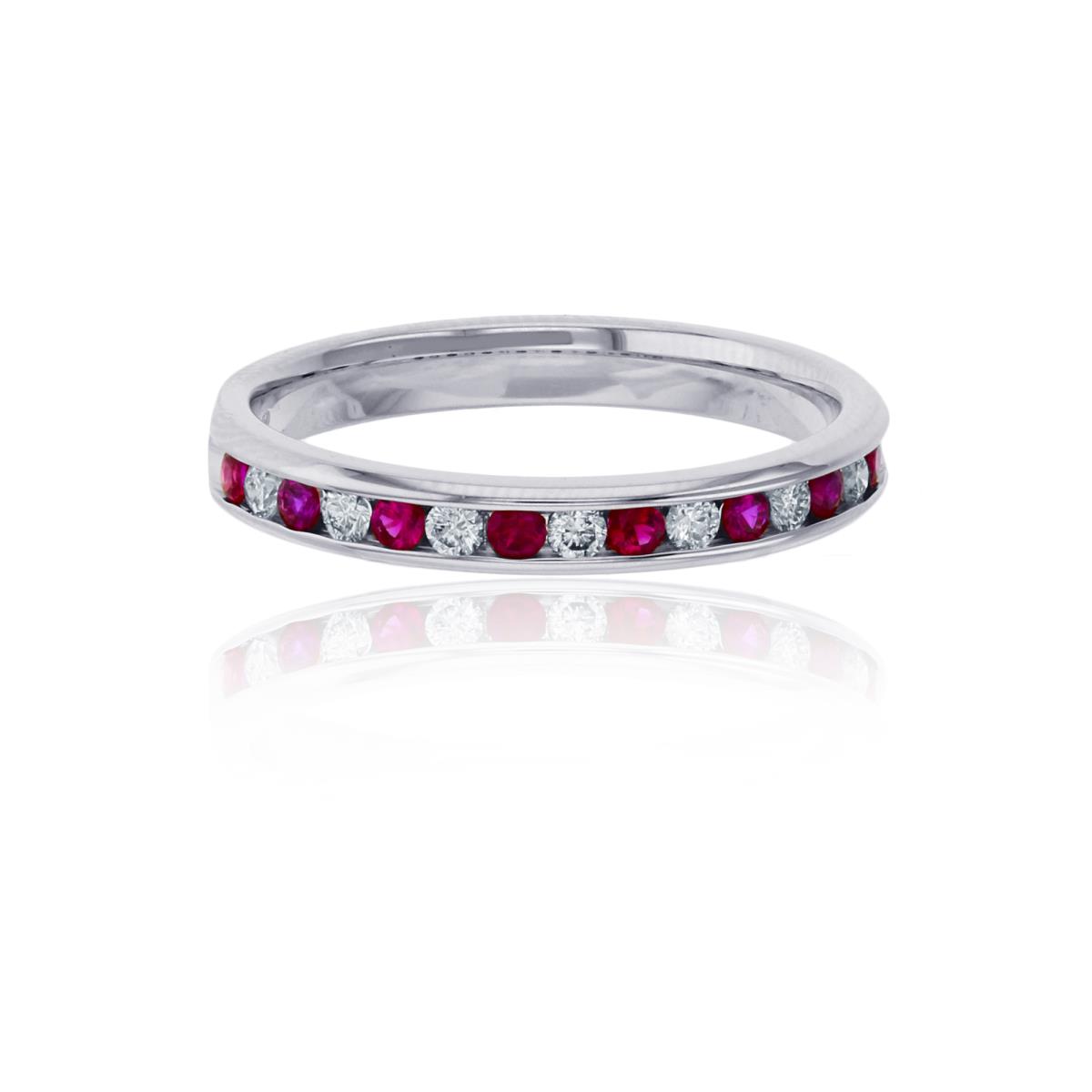14K White Gold Diamond and Swarovski Top Ruby 15-Stone Rd Channel Band Ring